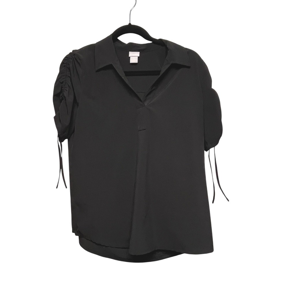 Chicos Zenergy Black Ruched Tie Sleeve V-Neck Top Blouse 0 Small Classic Office